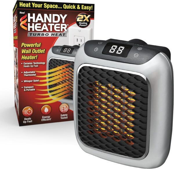 Ontel Handy Heater Turbo Heat 800W Wall Outlet Small Space Heater with Adjustable