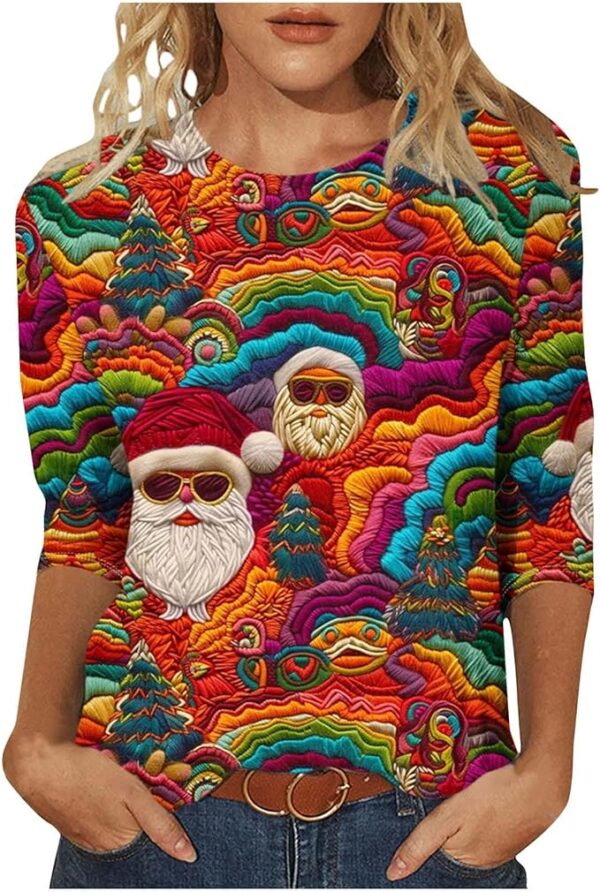 Christmas Shirts for Women Xmas Tree Printed Graphic Tees - Image 2