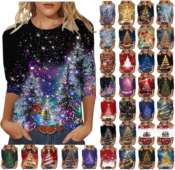 Christmas Shirts for Women Xmas Tree Printed Graphic Tees